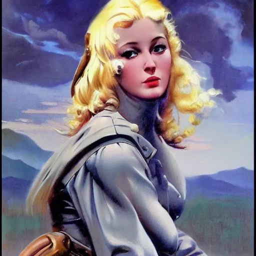 Prompt: ultra realistic portrait painting of a blonde girl as an outlaw, art by frank frazetta, vintage levi ’ s ad, stormy weather, dark vibes, 4 k, ultra realistic, highly detailed, epic lighting