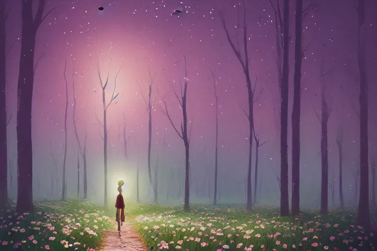 Image similar to giant bunch of daisy flowers head, girl walking in dark forest, surreal photography, dark night, stars, moon light, impressionist painting, clouds, digital painting, artstation, simon stalenhag