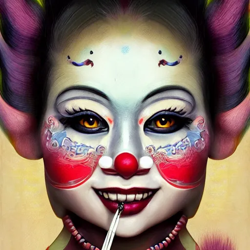 Prompt: ultra realist soft painting of a single attractive asian female clown with makeup big smile croocked teeth in a long dress, curiosities carnival, symmetry accurate features, very intricate details, focus, curvy, artstyle by Tom Bagshaw, award winning