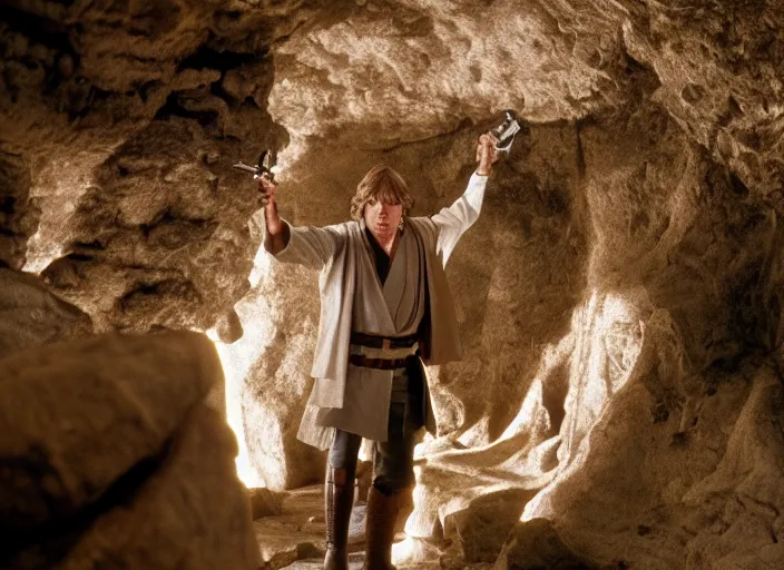 Image similar to screenshot photo of Luke Skywalker in the film temple of doom (1984) finding the ancient jedi texts in a rocky cave, Photographed with Leica Summilux-M 24 mm lens, ISO 100, f/8, Portra 400, 4K, anamorphic