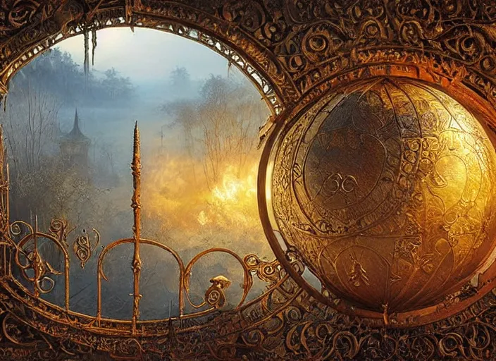 Prompt: large rustic intricately decorated cast iron gate, a view to an eerie fantasy world, golden glowing sphere, ethereal back light, mist, coherent composition, detailed fantasy painting by noriyoshi ohrai, yuumei