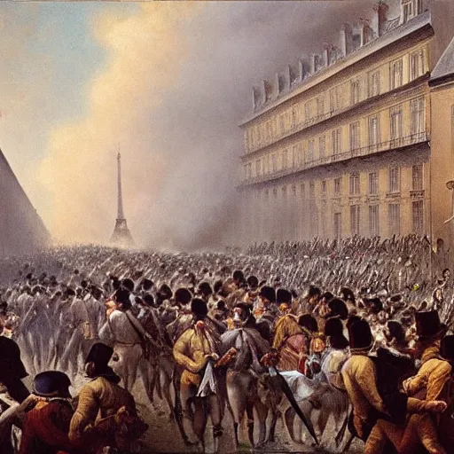 Image similar to Painting of a crowd during the french revolution one early morning in a street in Paris with gun smoke and mist over the crowds, eugène de lacroix, aesthetic, High quality, sharp focus,