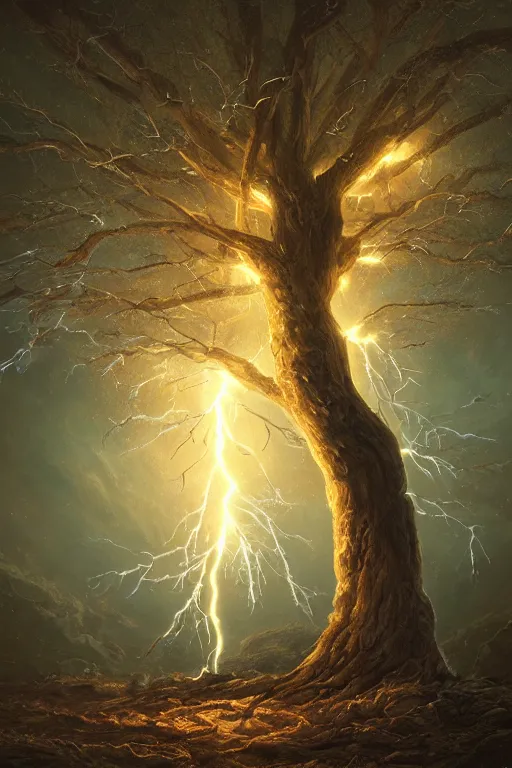 Image similar to a tree with lightning for leaves, overexposure, electricity, night, unreal engine, digital art, 8 k, oil painting, fantasy art, illustration, detailed and intricate environment