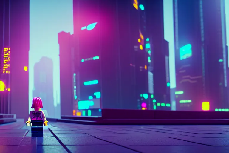 Image similar to a lego girl in a cyberpunk city. super realistic 8 k render of a elegant, cinematic composition