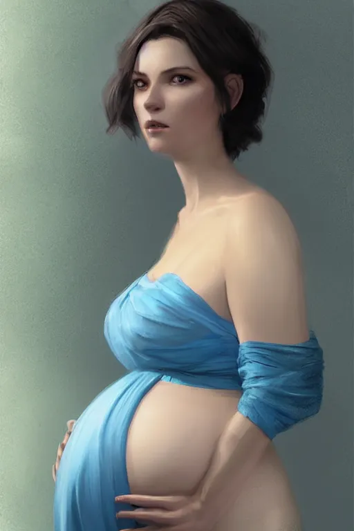 Image similar to pregnant woman in a short blue dress in night under street light, highly detailed, sharp focused, ultra realistic digital concept art by Edwin Longsden Long, Charlie Bowater