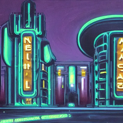 Prompt: painting of a scifi ancient civilzation victorian, brutalist architecture, neon signs