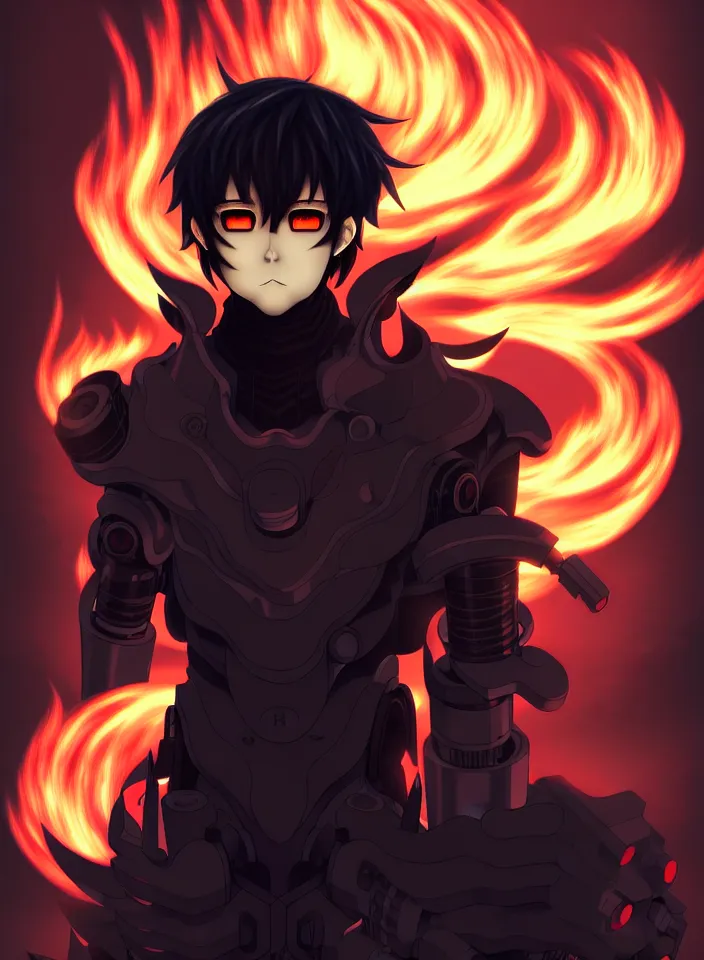 Dark anime character with glowing blue eyes surrounded by red flames