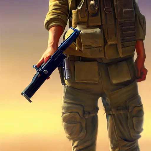 Prompt: a painting of a character in the gulf war holding a Gun by Shinji Aramaki, high detail, hyperrealistic, concept art, artstation, 8k,