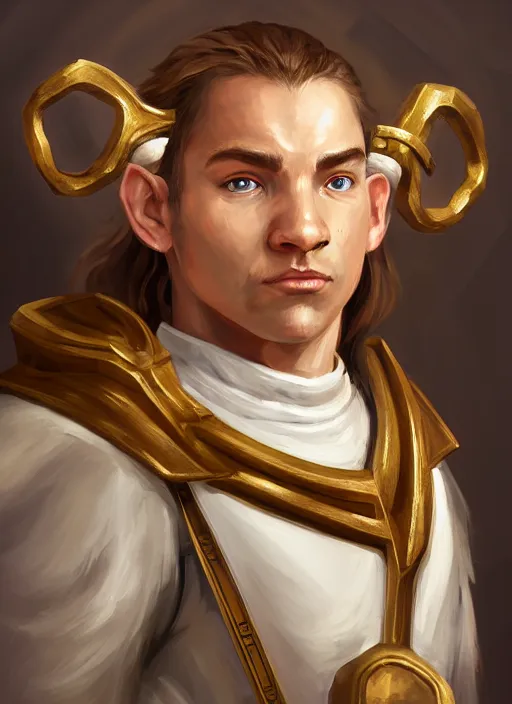 Prompt: symmetry!! oil painting digital art dungeons & dragons facial portrait of a caucasian halfling male cleric, with a ponytail, white robe with gold accents, white and brown robe with gold accents, necklace of a footprint, elegant, highly detailed, digital painting, artstation, concept art, sharp focus, illustration