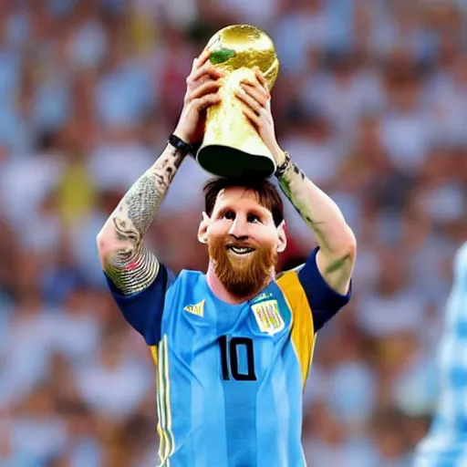 Image similar to lionel messi lifting the fifa world cup wearing the argentina shirt, extremely detailed, 9 k