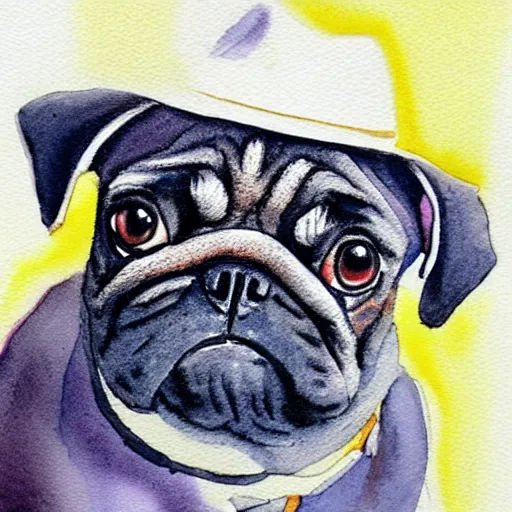 Prompt: watercolor of a pug in a fedora