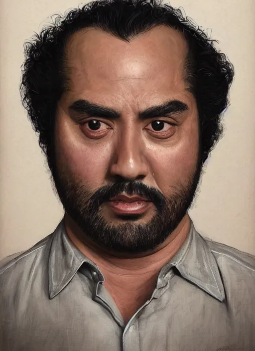 Image similar to portrait of Harvey Guillen from the TV series What We Do in the Shadows (2019), highly detailed, centered, solid color background, digital painting, artstation, concept art, smooth, sharp focus, illustration, artgerm, donato giancola, Joseph Christian Leyendecker, Les Edwards, Ed Repka, WLOP, Artgerm