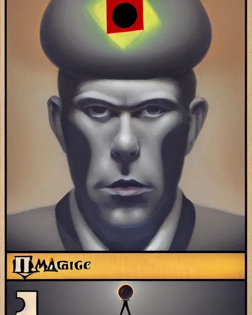 Image similar to a magic the gathering card called generate art the card art is a portrait of a machine painting itself, matte oil on canvas in the style of René Magritte, trending on artstation, extremely detailed, soft lightning, 4k, 8k, HD