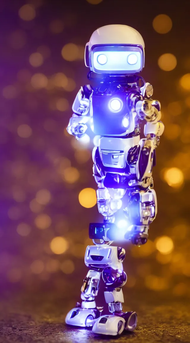 Image similar to tiny robot with purple lights, professional photo, hdr, bokeh, sci fi