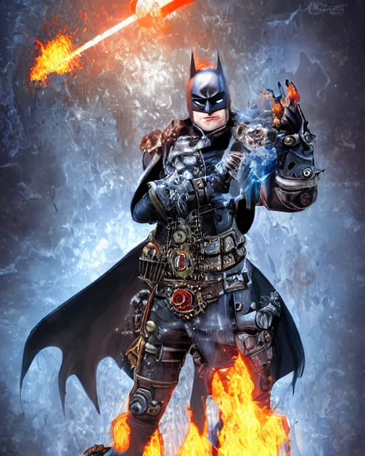 Image similar to steampunk batman with fire and ice magic coming out from his hands in a dystopian environment, full body view, highly detailed, amazing digital art, artstation, sharp focus