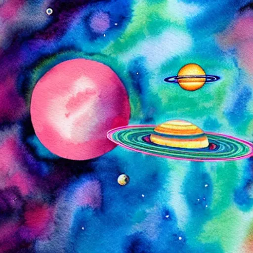 Prompt: a spaceship flying through a solarsystem in front of a pink planet, watercolor