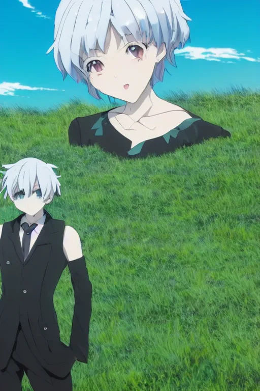 Prompt: 3D CG anime Land of the Lustrous Houseki no Kuni character Phos person with a disproportionately large breast cup size made of shiny light bluegreen gem rock standing in a grassy field on a sunny day wearing a white business shirt with black tie and black shorts, ocean shoreline on the horizon, beautiful composition, dutch angle, 3D render, cel shaded, 8k, key visual, made by Haruko Ichikawa, Makoto Shinkai, studio Ghibli, Kyoto Animation