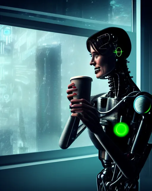 Image similar to a terminator cyborg lady with borg implants and a human face is drinking coffee near a window with dystopian city visible outside. tiny green led lights in her cybernetics. very detailed 8 k. horror cyberpunk style.