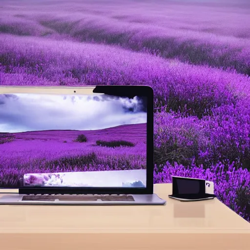 Image similar to photo of a desk on a purple field blue clouds