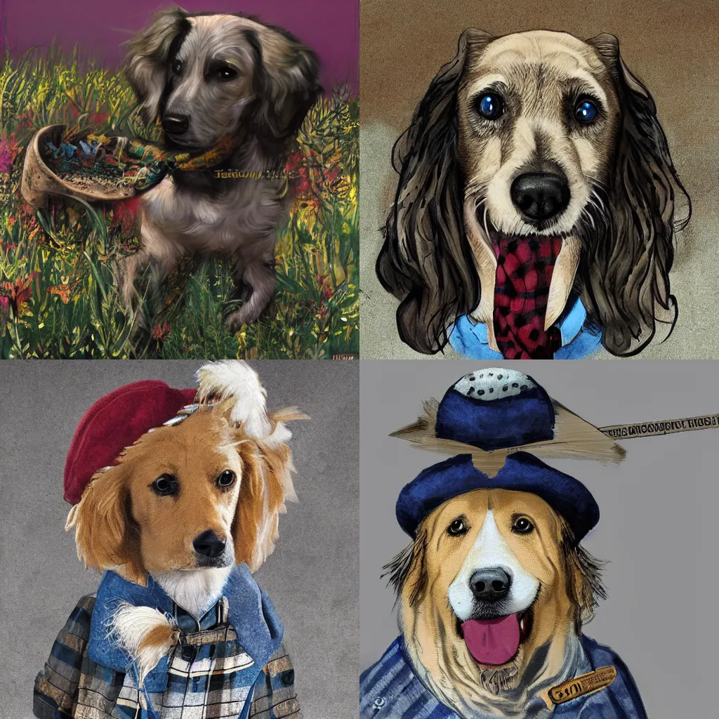 Prompt: A Tim Burton Golden Retriever dog wearing a blue checkered beret, concept art, matte painting, style by Tim Burton