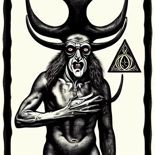 Image similar to graphic illustration, creative design, aleister crowley as baphomet, biopunk, francis bacon, highly detailed, hunter s thompson, concept art