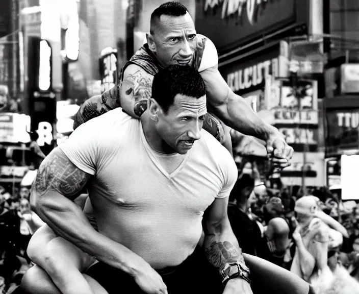 Image similar to Dwayne the Rock Johnson riding on the back of Adam Sandler, doing Methamphetamine at Times Square, photograph by Alfred Eisenstaedt, 4K, dramatic lighting; 4K 8K