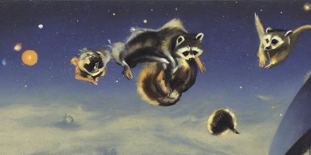 Prompt: raccoons flying across the galaxy, by francis bacon and edward hopper