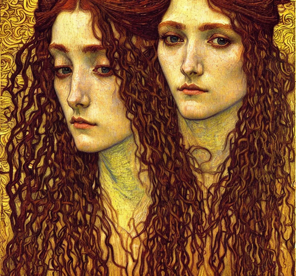 Image similar to detailed realistic beautiful young medieval queen face portrait by jean delville, gustav klimt and vincent van gogh, art nouveau, symbolist, visionary, gothic, pre - raphaelite, muted earthy colors, desaturated