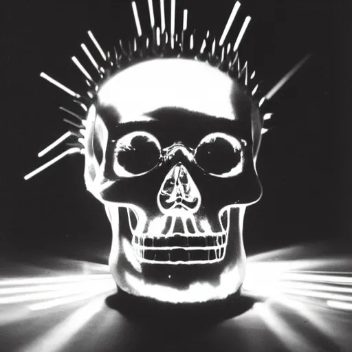 Image similar to a disco skull full of long spikes, reflecting light in a nightclub, grainy film photograph