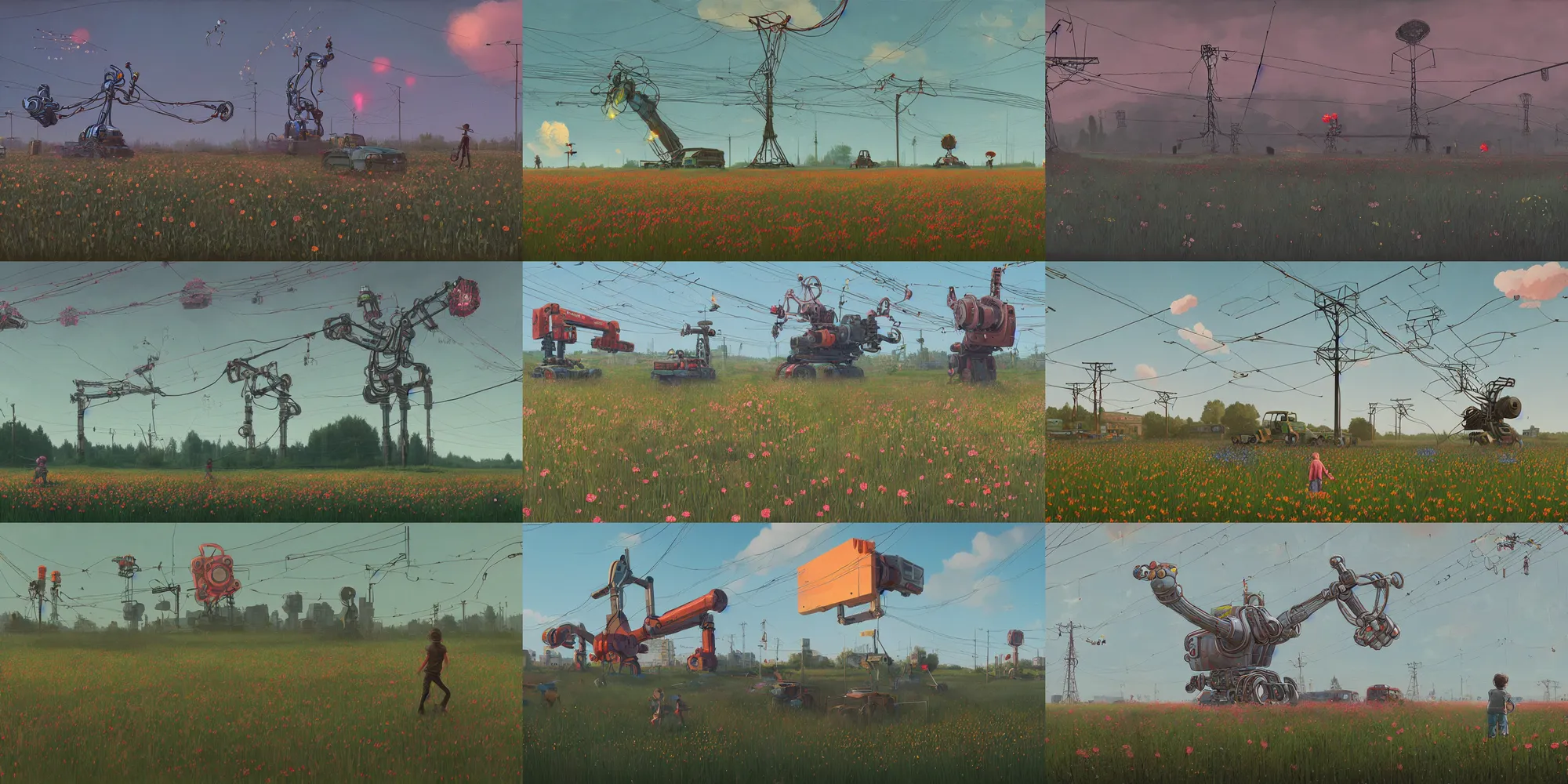 Prompt: countless wire crossing sky, field with flowers, kids playing with a giant robot, by simon stalenhag