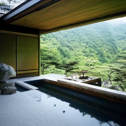 Prompt: “extravagant luxury mountain home, in Hakone, by Tadao Ando, modern rustic, rotenburo, water feature, bonsai”