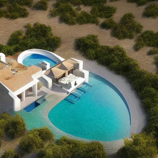 Image similar to design of a luxurious villa on a cliff, aerial view, roman design, ligh brown color scheme, vivid lighting, 4 k