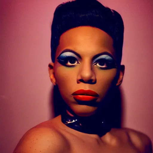 Prompt: realistic photoshoot of a nightlife personality in a club color film photography, portrait of a beautiful drag queen, photo in style of tyler mitchell painting by gottfried helnwein 3 5 mm zeiss lens sharp