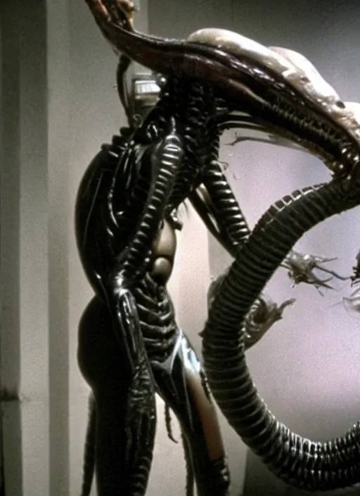 Image similar to film still of kim kardashian being held by an xenomorph in Alien.