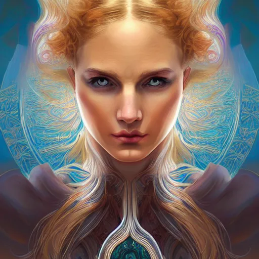 Prompt: head-on symmetrical centered painted portrait, warrior princess, voluminous blonde hair, art nouveau, fractal tarot card style, masterpiece, fantasy, intricate, elegant, highly detailed, smooth, sharp focus, illustration, artstation, in the style of Artgerm and Anna Podedworna and Alex Ross and Mucha