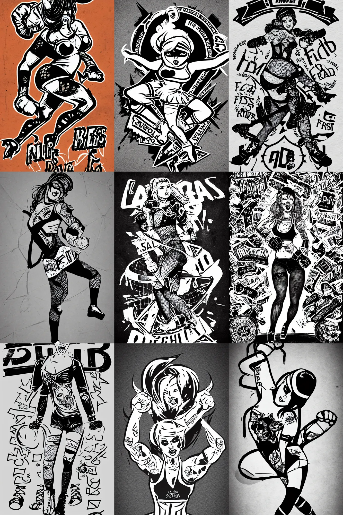 Prompt: logo design, roller derby girl sprinting Cross-Over, full length portrait, fishnet tights, torn, ripped, fists in the air, mcbess