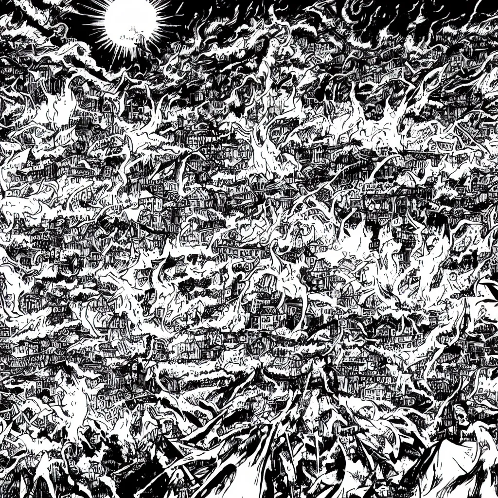 Image similar to field on fire, demons attacking humans, destroyed town in background, black and white, manga