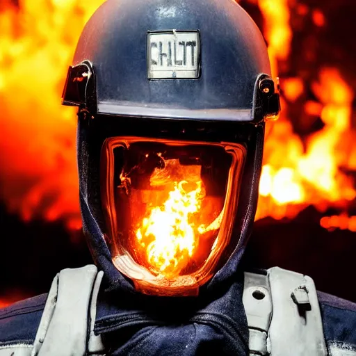 Image similar to portrait of a policeman head on fire , front, centered, riot background, at night ,editorial photography