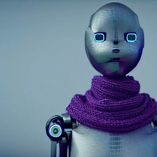 Prompt: robot wearing a large scarf around its neck. 3 d render, oktane, post - processing, 8 k, cinematic lighting