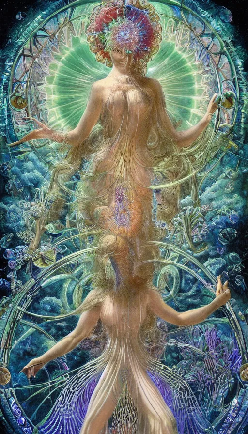 Prompt: goddess of illusion, beautiful, stunning, breathtaking, mirrors, glass, magic circle, magic doorway, fantasy, mist, bioluminescence, hyper - realistic, unreal engine, by ernst haeckel