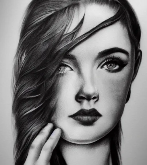 Image similar to a beautiful girl portrait, faded mountain background, realism tattoo, in the style of den yakovlev, black and white, hyper realistic, highly detailed