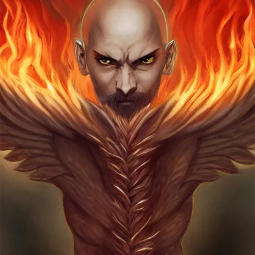 Prompt: full body anime style human in dragon form, bald, beard made of fire. fantasy style. very punk / alt aesthetic. wings and tail, a highly detailed, digital painting, artstation, concept art, matte, sharp focus, illustration, art by artgerm and greg rutkowski