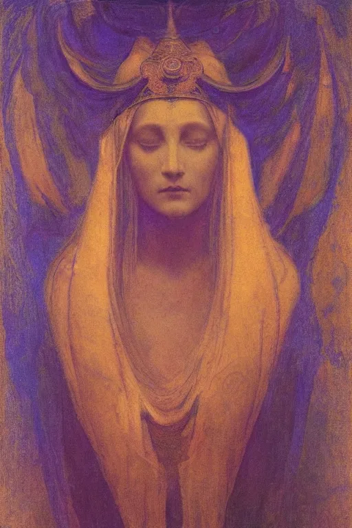 Image similar to goddess of the new moon, by Annie Swynnerton and Nicholas Roerich and jean delville, dramatic cinematic lighting , ornate headdress , flowing robes, lost civilizations, smooth, sharp focus, extremely detailed