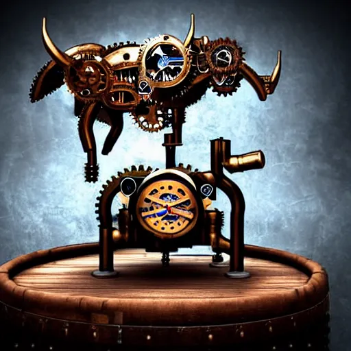 Prompt: a clockwork mechanical bull there are gears sticking out of the mechanical bull steam emanates from the steampunk bull and thick clouds of steam swirl around the clockwork bull, ultra high detail, high particle effects, highly reflective surface, realistic reflections