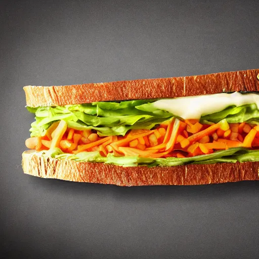 Image similar to food magazine photograph of a sandwich covered in soup. highly detailed 8 k photo. studio lighting.