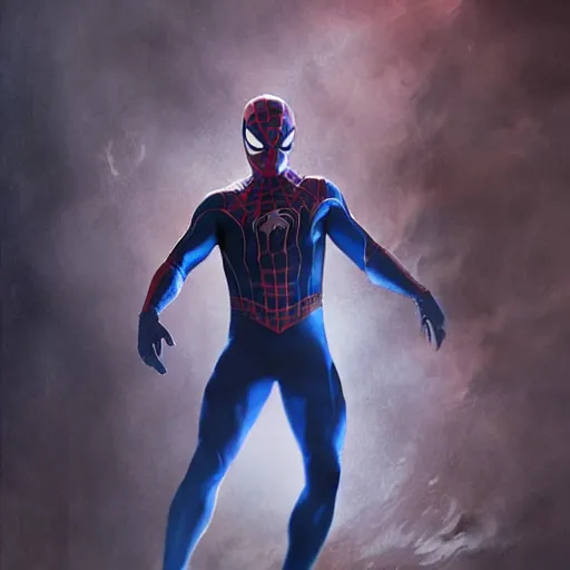 Image similar to ryan reynolds as a black and blue suit spider - man, cinematic, volumetric lighting, f 8 aperture, cinematic eastman 5 3 8 4 film, photorealistic by greg rutkowski, by stanley artgerm, by alphonse mucha