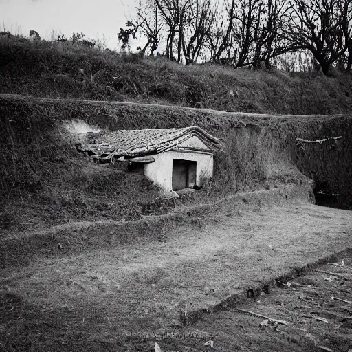 Prompt: A house in a Ditch village, photography