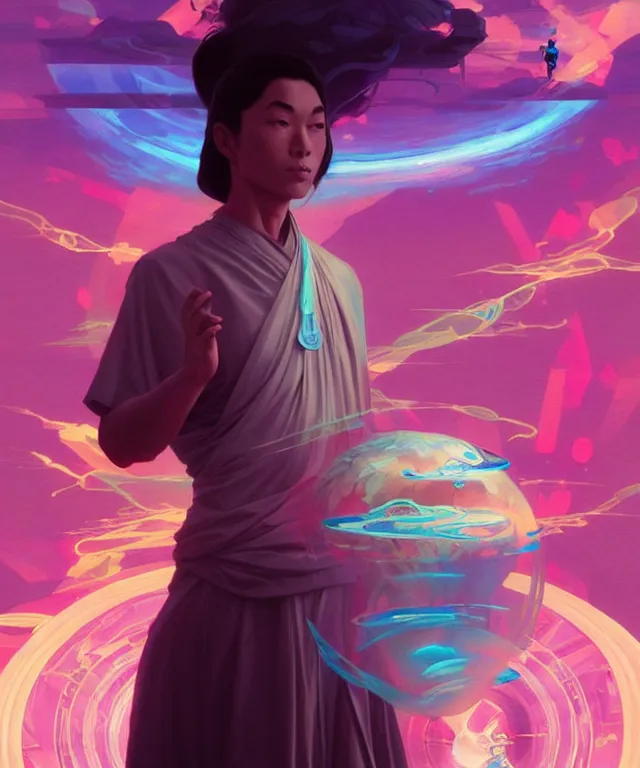 Image similar to a floating monk, meditating, wearing netrunner clothing, vaporwave aesthetic, colorful, psychedelic, digital painting, artstation, concept art, smooth, sharp focus, illustration, art by artgerm and greg rutkowski and alphonse mucha