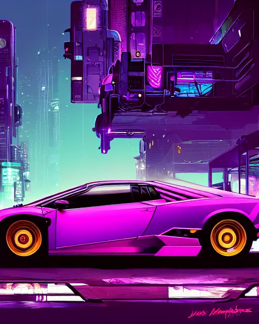 Image similar to digital illustration of cyberpunk purple lamborghini, in junkyard at night, by makoto shinkai, ilya kuvshinov, lois van baarle, rossdraws, basquiat