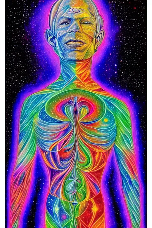 Image similar to A psychedelic silhouette of a human body filled with the universe, planets, stars and galaxies in the style of Alex Grey